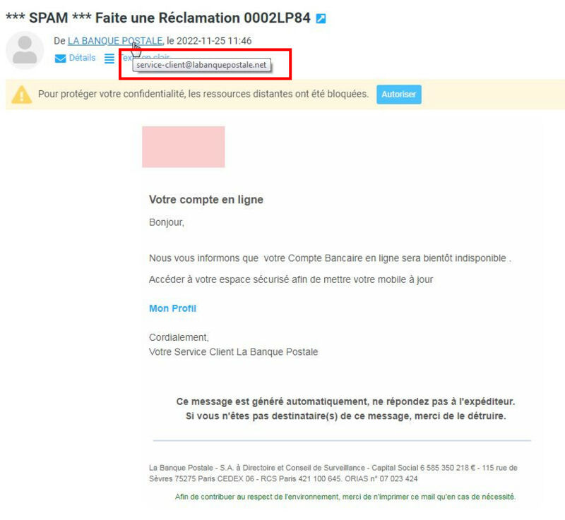 LA BANQUE POSTALE Arnaque identité (Phishing)